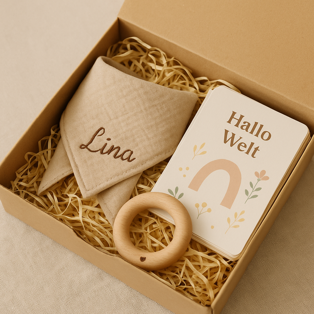 MiniMomente Box mit personalisiertem Halstuch, Meilensteinkarten und Holzbeißring